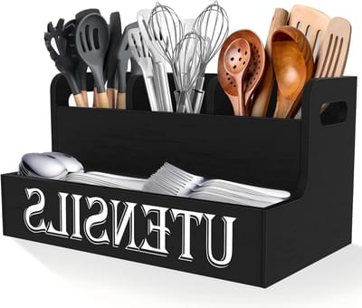 Keukenaccessoirehouder - Aanrecht Organizer - Keukengerei Opbergen - Wit Houten Design - 34 x 18 x 18 cm - Wit