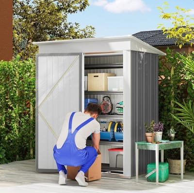 MEUNIQ tuinberging schuur 161 x 95 x 181 cm met verstelbare regale, afsluitbare deur, lessenaarsdak en stalen frame voor tuinopslag buiten grijs