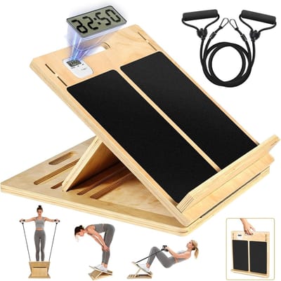 Upgrade Slant Calf Rack met Tijdmeting en 4 Verstelbare Hoeken voor Spierversterking, Niet-Slip Calf Stretch Board van Hout met Stretchbanden en Balansfunctie