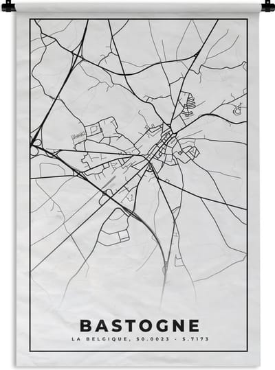Wandkleed - Wanddoek - België – Bastogne – Stadskaart – Kaart – Zwart Wit – Plattegrond - 120x180 cm - Wandtapijt