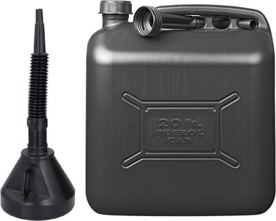 Jerrycan zwart voor olie en brandstof van 20 liter met een handige grote trechter van 39 cm