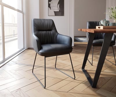 Gestoffeerde-stoel Zelia-Flex met armleuning slipframe zwart echt leer zwart pocketveer kern
