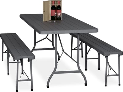 biertafel set - inklapbaar - 3-delig - met banken - kunststof - campingtafel - grijs
