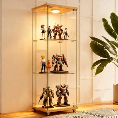 Pugsdrly Moderne vitrinekast met ledverlichting, vitrinekast, boekenrek van gehard glas, geschikt voor woon- en slaapkamer, ontwerp met één deur en drie niveaus, natuurlijke houtlook – H120/B42,5/D36,5 cm