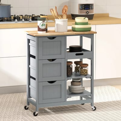 Keukentrolley - Keukeneiland Verplaatsbaar - Keuken Kast - Grijs - 67x37x85,5 - 3 Lades - Afneembaar Dienblad