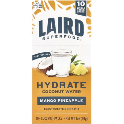 Laird Superfood, Eau de coco réhydratante, Mélange pour boisson électrolytique, Saveur mangue ananas, 10 sachets individuels, 0,3 oz (9 grammes) Chaque