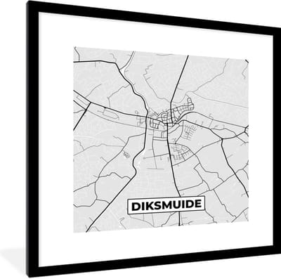 Fotolijst incl. Poster Zwart Wit- Kaart – Plattegrond – Stadskaart – Diksmuide – België – Zwart Wit - 40x40 cm - Posterlijst