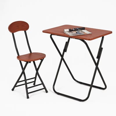 Lomera Klaptafel Met Stoel - Compacte Eettafel - Mdf Met Metaal - Bruine Houtmotief - Zwart Metalen Frame - Kinderkamer Tafelset - Lichtgewicht Tafelset - Eenvoudig Opbergen - Laag Model Zithoogte - Bruine Klapstoel - Tafelblad