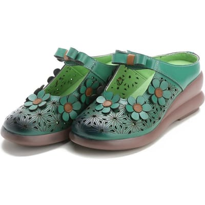 Nieuwe Zomer Toplaag Koeienhuid Sponszolen Damesschoenen voor Dames Nationale Stijl Echt Leer Bloemen Slippers Ademend 40 gray