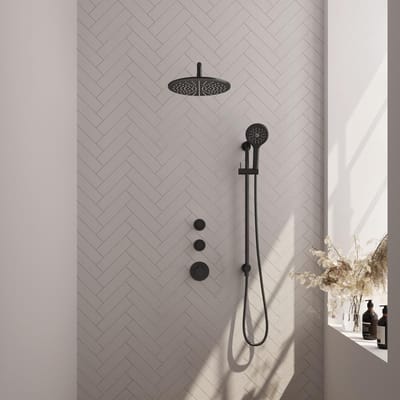 Brauer Black Carving Thermostatische Regendoucheset Inbouw - Hoofddouche 30 cm - Gebogen Wandarm - Handdouche 3 Standen - Doucheslang - Geintegreerde Glijstang - Mat Zwart
