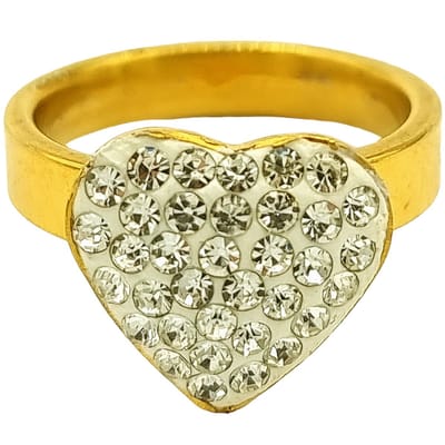 Tesoro Mio Michel – Stalen Ring Met Hart En Strass Steentjes – Staal In Kleur Goud – 16 mm / Maat 50
