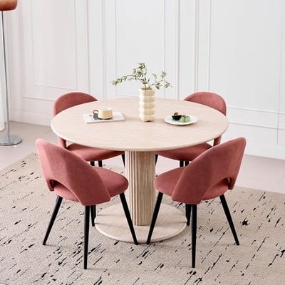 Ronde eettafel met 4 stoelen, placemat (gele travertijn-textuur) en eetkamerstoelen voor keuken, restaurant en kantoor (roze + beige)