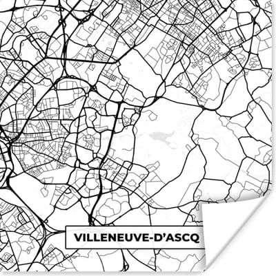 Poster Plattegrond - Kaart - Frankrijk - Stadskaart - Villeneuve-D'Ascq - Zwart wit - 100x100 cm XXL