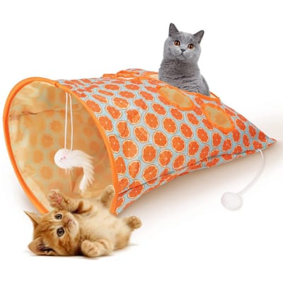 Kattentunnelzak Opvouwbare interactieve tunnel met 5 gaten, kreukelgeluiden, booremmer voor huisdieren met pluchen ballen orange