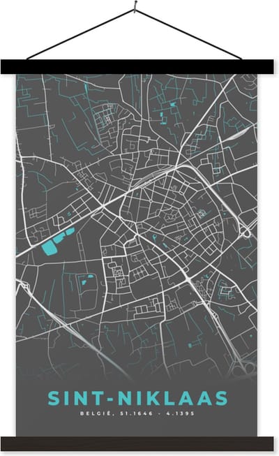 Posterhanger incl. Poster 40x60 cm - Schoolplaat - België – Sint Niklaas – Stadskaart – Kaart – Blauw – Plattegrond - Textielposter - Zwarte latten - Stadskaart