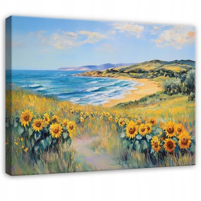 WALLARENA - Schilderij op canvas - 100x70 cm - zee landschap bloemen natuur - Geschikt voor slaapkamer en woonkamer