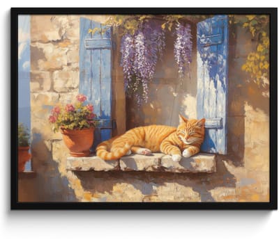 Poster in lijst - Fotolijst 70x50 cm - Posters - Kat - Stenen vensterbank - Bloemen - Posterlijst zwart - Decoratie - Wanddecoratie woonkamer - Muurdecoratie slaapkamer