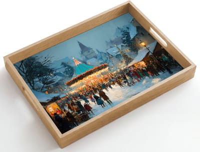 Dienblad hout 50x35 cm - Schootdienblad - Winterkermis - Dorp - Kleurrijk - Borrelplank rechthoek - Plateau dienbladen