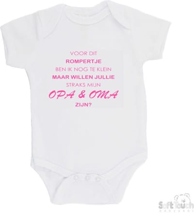 100% katoenen Romper "Voor dit rompertje ben ik nog te klein maar willen jullie straks mijn opa & oma zijn" Jongens Katoen Wit/roze Maat 56/62