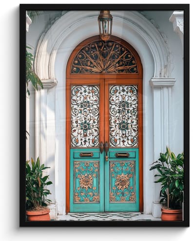 Poster in lijst - Fotolijst 50x70 cm - Posters - Zuilen - Sierlijke - Deur - Blauw - Posterlijst zwart - Decoratie - Wanddecoratie woonkamer - Muurdecoratie slaapkamer