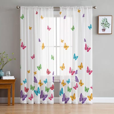 Kleurrijke Vlinder Witte Transparante Gordijnen voor Woonkamerdecoratie Raamgordijnen voor Keuken Tule Voile Organza Gordijnen W135 x H160cm x1
