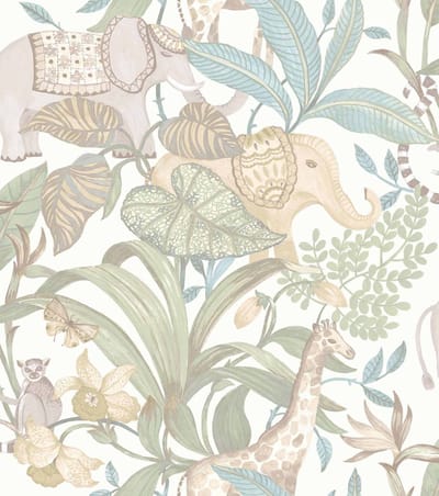 Behang - Kinderkamer – Jungle - Dieren- Blauw - Groen - Wit - Babykamer - Kinderbehang - Olifant - Giraffe - 0,53 x 10,05 M