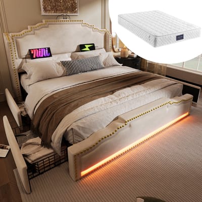 MEUNIQ tweepersoons bed 140x200 met matras, 4 lades, LED-verlichting, USB en USB-C, lattenbodem, opbergruimte, beige bed voor slaapkamer