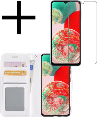 Hoesje - Met Screenprotector - Geschikt voor Samsung Galaxy A23 - Luxe Pasjeshouder - Bookcase Portemonee - Flip Case - Kunstleer Book Case - Flipcase - Book Cover - Walletcase - Portemonneehoes - Wit