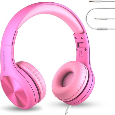 Hoofdtelefoon voor Kinderen - Roze Over-Ear, Gevlochten Snoer, Volumebeperking en Ruisonderdrukking voor School en Thuis