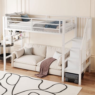 Hoogslaper - 90x200cm - Plank - Opbergladder - Vrije ruimte onder het bed voor aankleden - Reling - Geen matras - Wit