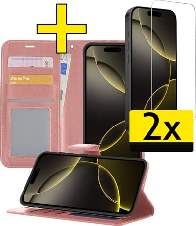 Hoesje - Met 2x Screenprotector - Geschikt voor Apple iPhone 16 Pro - Luxe Pasjeshouder - Bookcase Portemonee - Flip Case - Kunstleer Book Case - Flipcase Hoes - Book Cover - Walletcase - Portemonneehoes - Telefoonhoesjes - Rosé goud