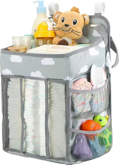 Hangende Luier Organizer – Commode en Ledikant Box Organizer – Grijs met Wolkjes – Handige Baby Accessoires Organizer – Babykamer Opberg Organizer met Haken en Riemen
