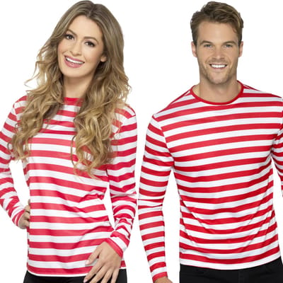 Smiffy's Gestreept t-shirt - wit/rood - lange mouwen - volwassenen - waar is wally - piraten thema 44/46