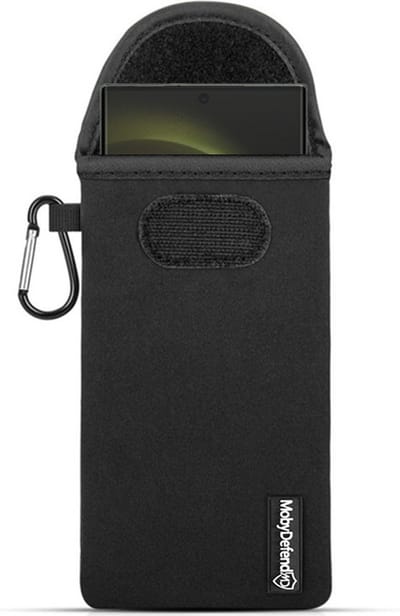 MobyDefend Hoesje - Geschikt voor Samsung Galaxy S23 Ultra - Neopreen Pouch Met Karabijnhaak - Insteek - Riemlus - Zwart
