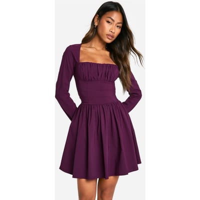 boohoo Dames Bengaline Corset Lange Mouw Skaterjurk | Pruim | Maat: 38