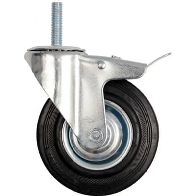 Zwenkwiel 125mm met Rem, M12 Schroefdraad, 100kg Draagvermogen