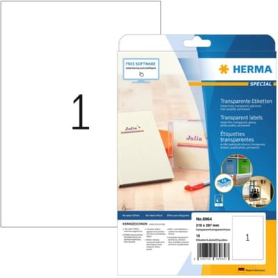 Herma 8964 Folie-etiketten 210 x 297 mm Folie Transparant 10 stuk(s) Permanent hechtend Inkjet