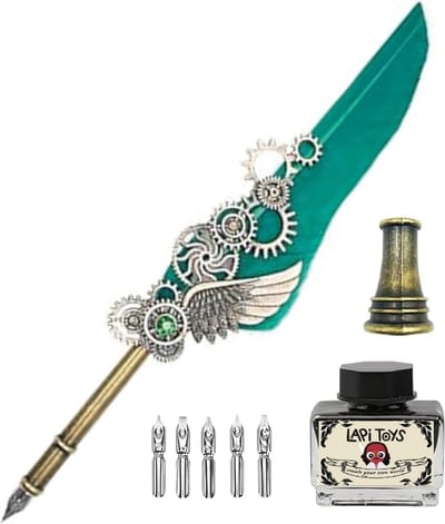 Lapi Toys - Veer pen - Schrijfveer - Kroontjespen - Kalligrafie set - Quill - Inclusief inktpotje, penhouder en 6 schrijfpunten - Blauw