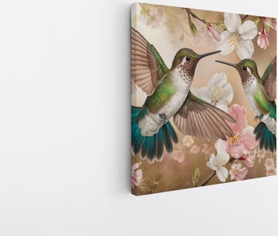 Saammp Canvas Schilderij - 2 Kolibries tussen de bloemen - Dieren - Bloemen - 20x20 - Foto op canvas - Wanddecoratie - muurdecoratie Woonkamer - Slaapkamer decoratie - Canvas Print