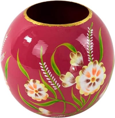 Vaas donkerroze met bloemen emaille - M - handbeschilderd