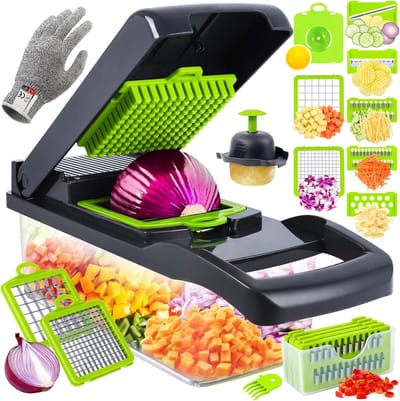 Famanu – 16-in-1 groentesnijder met 7 verwisselbare messen, multifunctioneel keukenhulpmiddel voor groenten en fruit