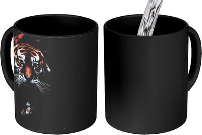 Magische Mok - Foto op Warmte Mokken - Koffiemok - Dieren - Tijger - Zwart - Wild - Portret - Magic Mok - Beker - 350 ML - Theemok