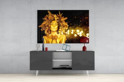 Glasschilderij - Gouden Vrouw met Licht - 72x46 cm