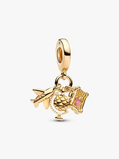 Fler® | Bedel | Past op populaire bedelarmbanden (standaard - 3mm) | Goudkleurige Vliegtuig, wereldbol en koffer drievoudige bedel | Hangbedel Charm | 925 sterling zilver | Roze emaille | Armband Kraal | Valentijnsdag Cadeau | Sinterklaas kado