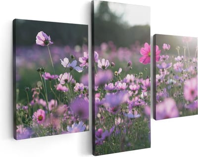 Artaza Canvas Schilderij Drieluik Bloemenveld Met Paarse Kosmos  - 90x60 - Foto Op Canvas - Canvas Print