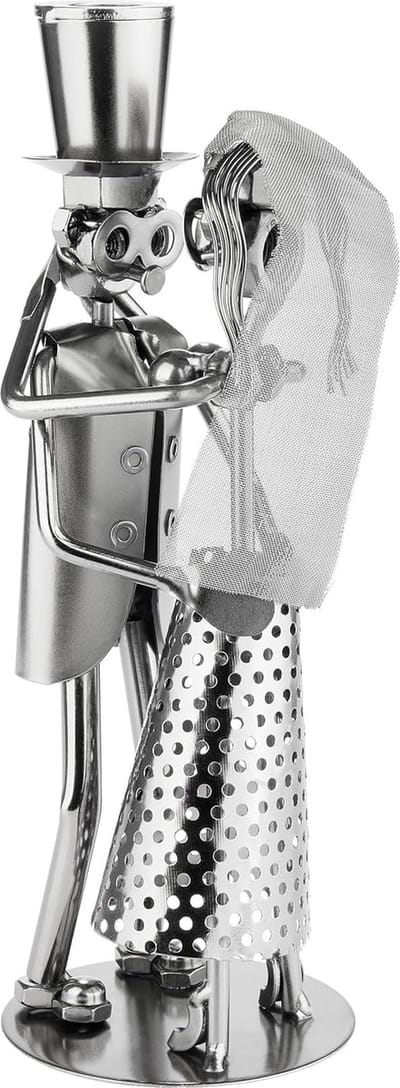 BRUBAKER Schroevenbeeldje Bruidspaar - Bruid met Sluier en Bruidegom met Hoge Hoed - Zilveren IJzeren Figuurtje Metalen Paar - Handgemaakt - Cadeau voor Bruiloft, Huwelijksverjaardag of Verloving