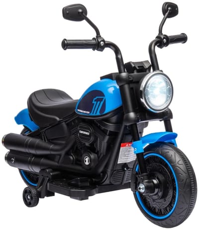 Elektrische Kindermotor - Kindermotorfiets - Kinderauto - 6V Accu - tot 3 km/u - Kinderen 1,5-3 jaar - met LED-Koplamp & Afneembare Zijwieltjes - Scheinwerfer - Elektrische Accuvoertuigen - Blauw/Zwart