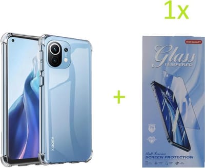 Hoesje Geschikt voor: Xiaomi Mi 11 - Anti Shock Silicone Bumper - Transparant + 1X Tempered Glass Screenprotector