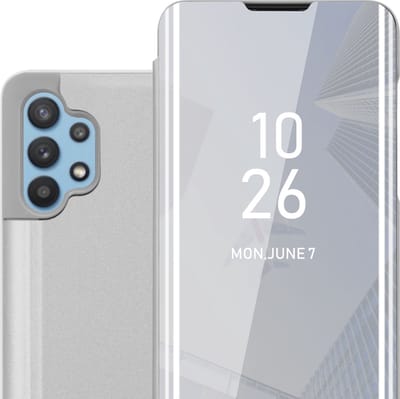 Cadorabo Hoesje geschikt voor Samsung Galaxy A32 5G in AGAAT ZILVER - Clear View Spiegel Beschermende Case met Tribunefunctie 360 Graden Bescherming Book Case Cover Etui