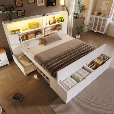 Opbergbed 140x200 met LED, USB & lades - multifunctioneel tweepersoonsbed wit